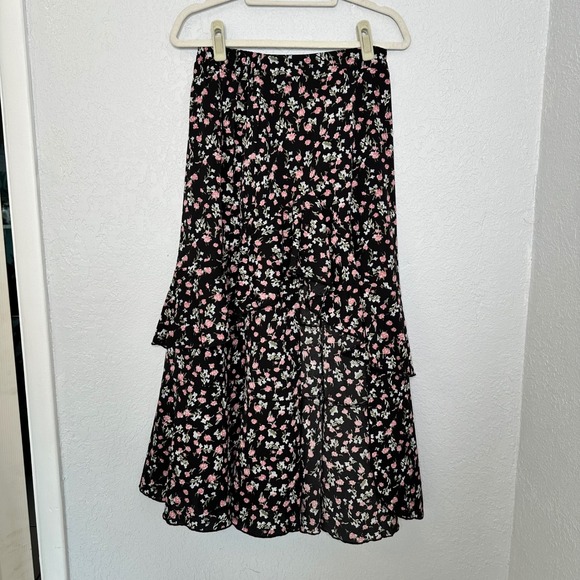 Floral Midi Skirt Black Pink Ruffle Hi-lo Tiered Skirt Summer Spring BTFBM M - Picture 1 of 7